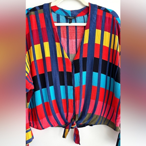 Express Colorblock Tie Waist Blouse, Red/Blue/Yellow/Orange, Size Medium - Picture 3 of 16
